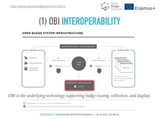 OBI is the underlying technology supporting badge issuing, collection, and display.
(1) OBI INTEROPERABILITY
http://www.openbadgenetwork.com/
#FUSCIA2016 | OPEN BADGE NETWORK ERASMUS+ | 18-10-2016 | CC BY-SA
 
