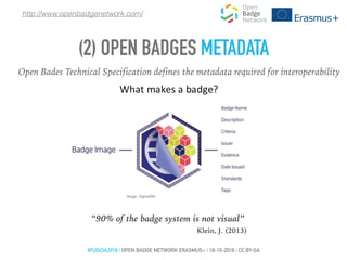 (2) OPEN BADGES METADATA
Open Bades Technical Specification defines the metadata required for interoperability
Image: DigitalMe
“90% of the badge system is not visual”
Klein, J. (2013)
http://www.openbadgenetwork.com/
#FUSCIA2016 | OPEN BADGE NETWORK ERASMUS+ | 18-10-2016 | CC BY-SA
 