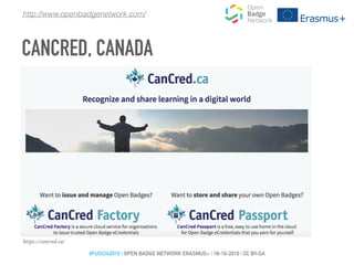 https://cancred.ca/
CANCRED, CANADA
http://www.openbadgenetwork.com/
#FUSCIA2016 | OPEN BADGE NETWORK ERASMUS+ | 18-10-2016 | CC BY-SA
 