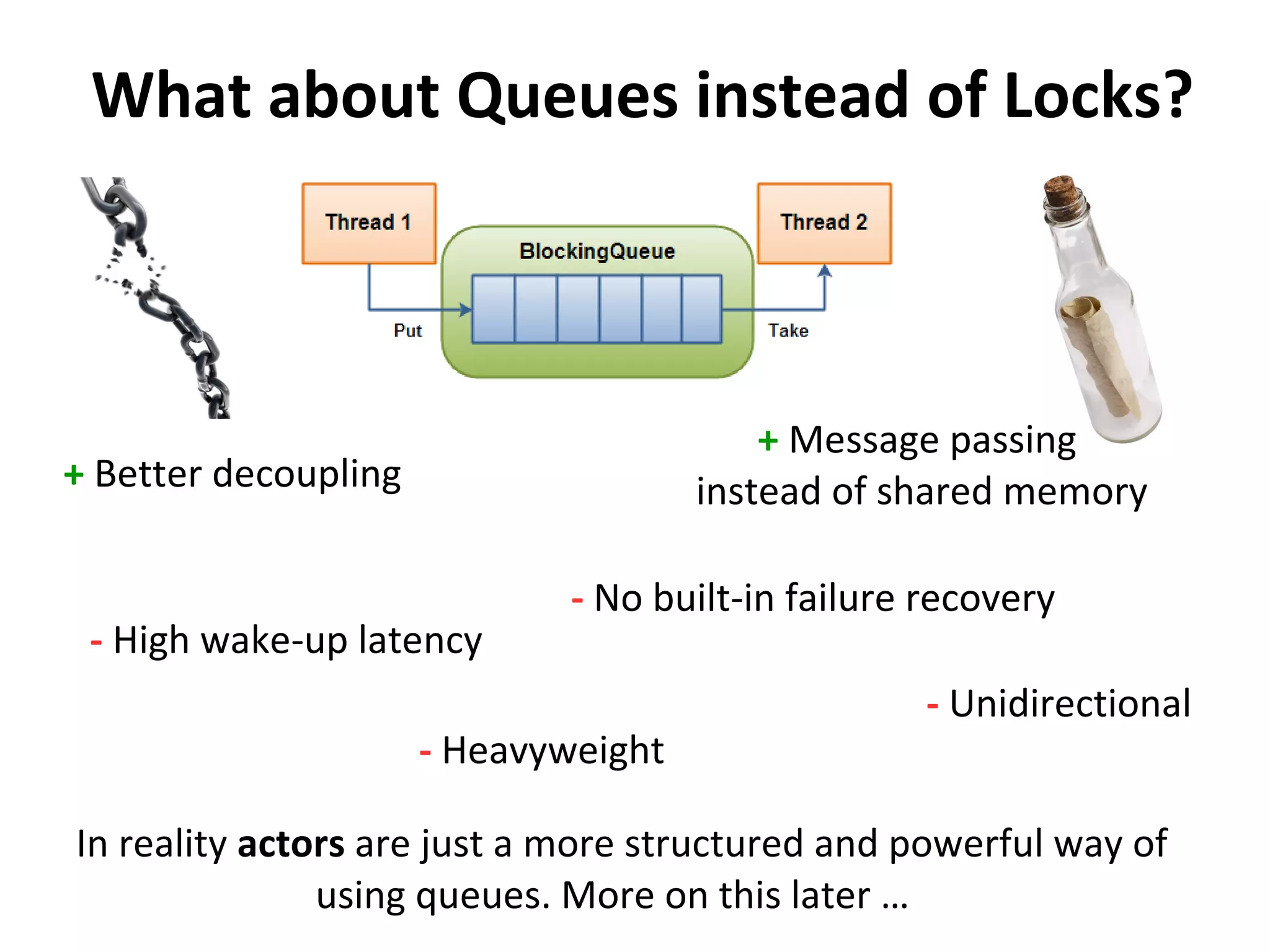 What about Queues instead of Locks?
In reality actors are just a more structured and powerful way of
using queues. More on this later …
+ Better decoupling
+ Message passing
instead of shared memory
- High wake-up latency
- No built-in failure recovery
- Heavyweight
- Unidirectional
 