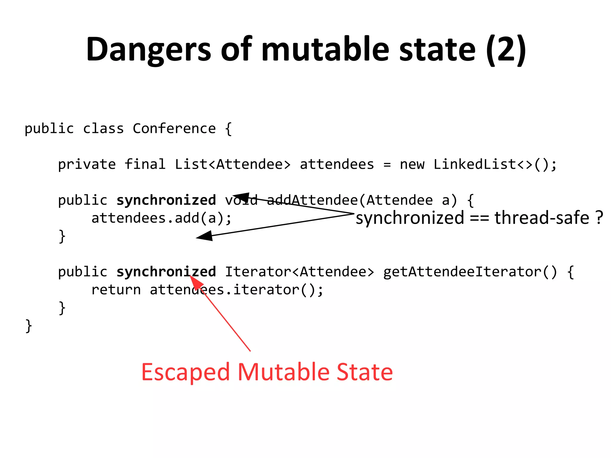 Dangers of mutable state (2)
public class Conference {
private final List<Attendee> attendees = new LinkedList<>();
public synchronized void addAttendee(Attendee a) {
attendees.add(a);
}
public synchronized Iterator<Attendee> getAttendeeIterator() {
return attendees.iterator();
}
}
Escaped Mutable State
synchronized == thread-safe ?
 