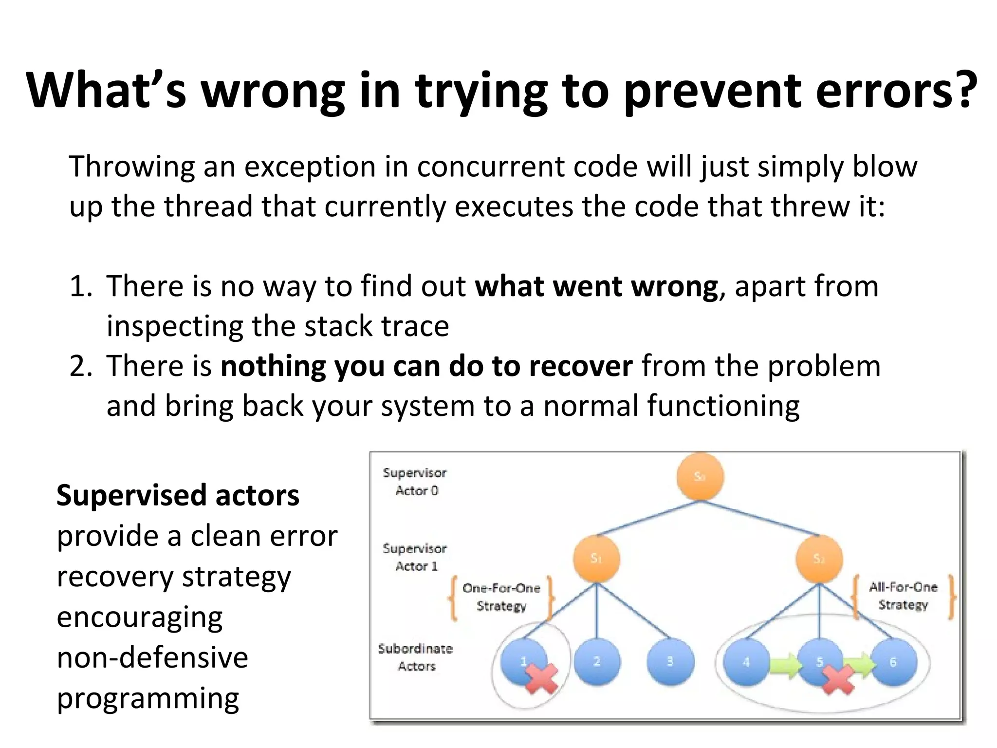Throwing an exception in concurrent code will just simply blow
up the thread that currently executes the code that threw it:
1. There is no way to find out what went wrong, apart from
inspecting the stack trace
2. There is nothing you can do to recover from the problem
and bring back your system to a normal functioning
What’s wrong in trying to prevent errors?
Supervised actors
provide a clean error
recovery strategy
encouraging
non-defensive
programming
 