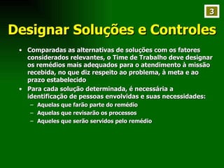 Designar Soluções e Controles Comparadas as alternativas de soluções com os fatores considerados relevantes, o Time de Trabalho deve designar os remédios mais adequados para o atendimento à missão recebida, no que diz respeito ao problema, à meta e ao prazo estabelecido Para cada solução determinada, é necessária a identificação de pessoas envolvidas e suas necessidades: Aquelas que farão parte do remédio Aquelas que revisarão os processos Aqueles que serão servidos pelo remédio 3 