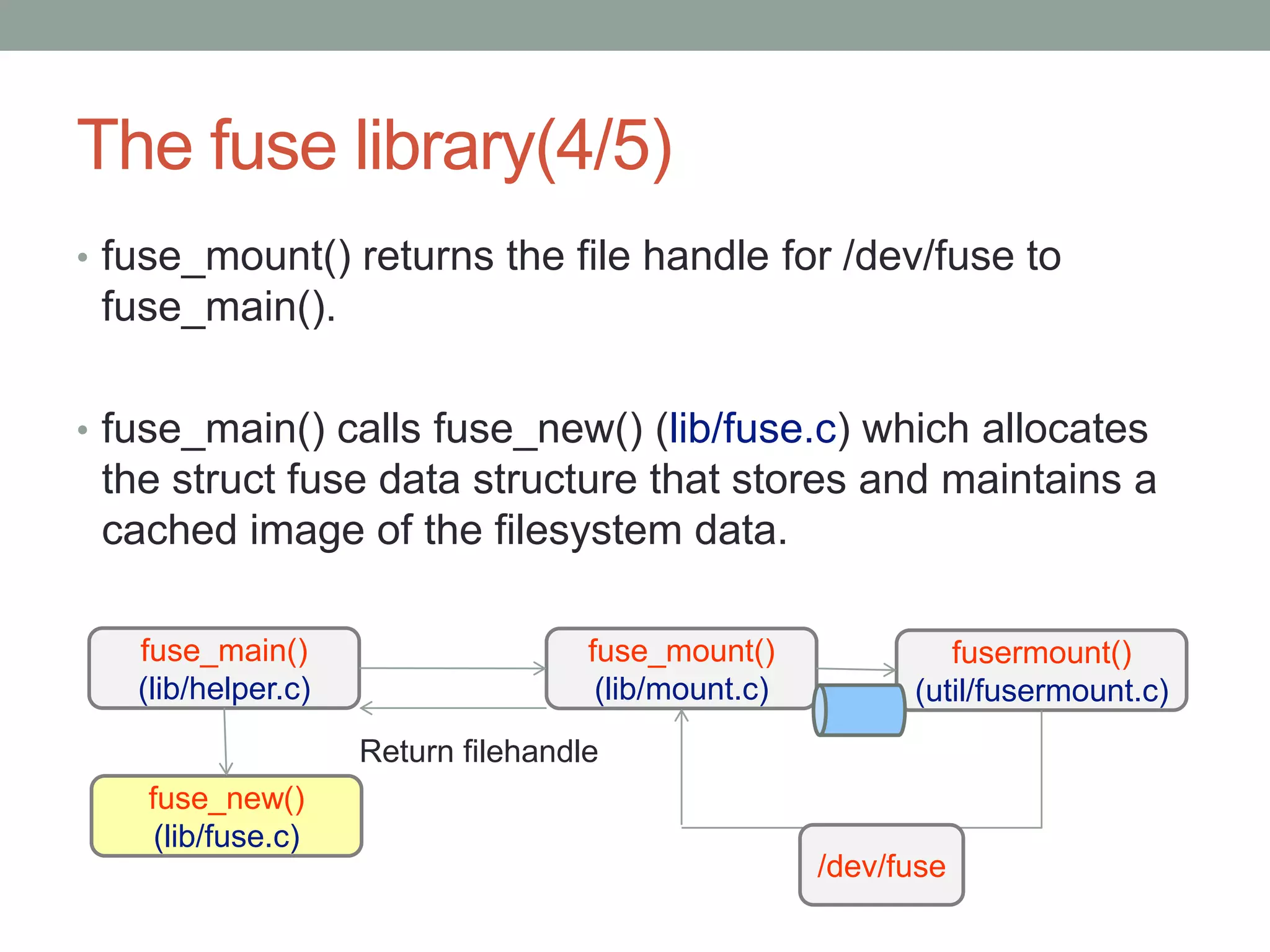 The fuse library(4/5)
• fuse_mount() returns the file handle for /dev/fuse to
 fuse_main().

• fuse_main() calls fuse_new() (lib/fuse.c) which allocates
 the struct fuse data structure that stores and maintains a
 cached image of the filesystem data.

   fuse_main()                      fuse_mount()              fusermount()
   (lib/helper.c)                    (lib/mount.c)         (util/fusermount.c)
                    Return filehandle
    fuse_new()
     (lib/fuse.c)
                                                     /dev/fuse
                                                                                 18
 
