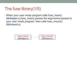 The fuse library(1/5)
• When your user mode program calls fuse_main()
 (lib/helper.c),fuse_main() parses the arguments pas...