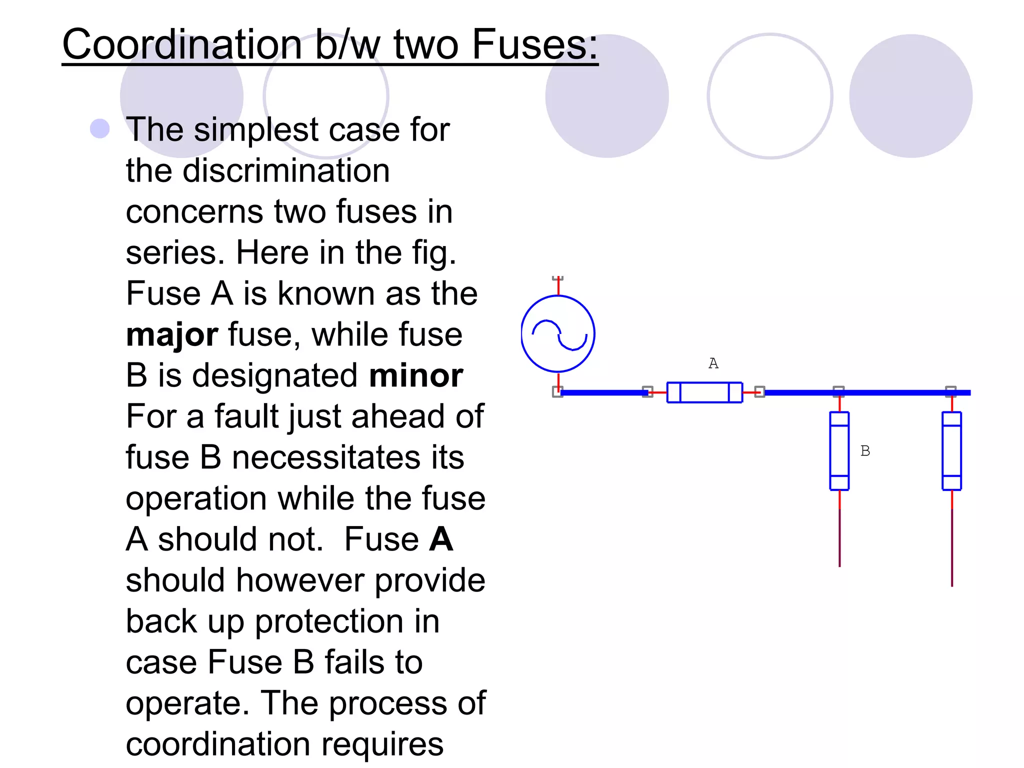 Coordination b/w two Fuses:
 The simplest case for
the discrimination
concerns two fuses in
series. Here in the fig.
Fuse A is known as the
major fuse, while fuse
B is designated minor
For a fault just ahead of
fuse B necessitates its
operation while the fuse
A should not. Fuse A
should however provide
back up protection in
case Fuse B fails to
operate. The process of
coordination requires
B
A
 