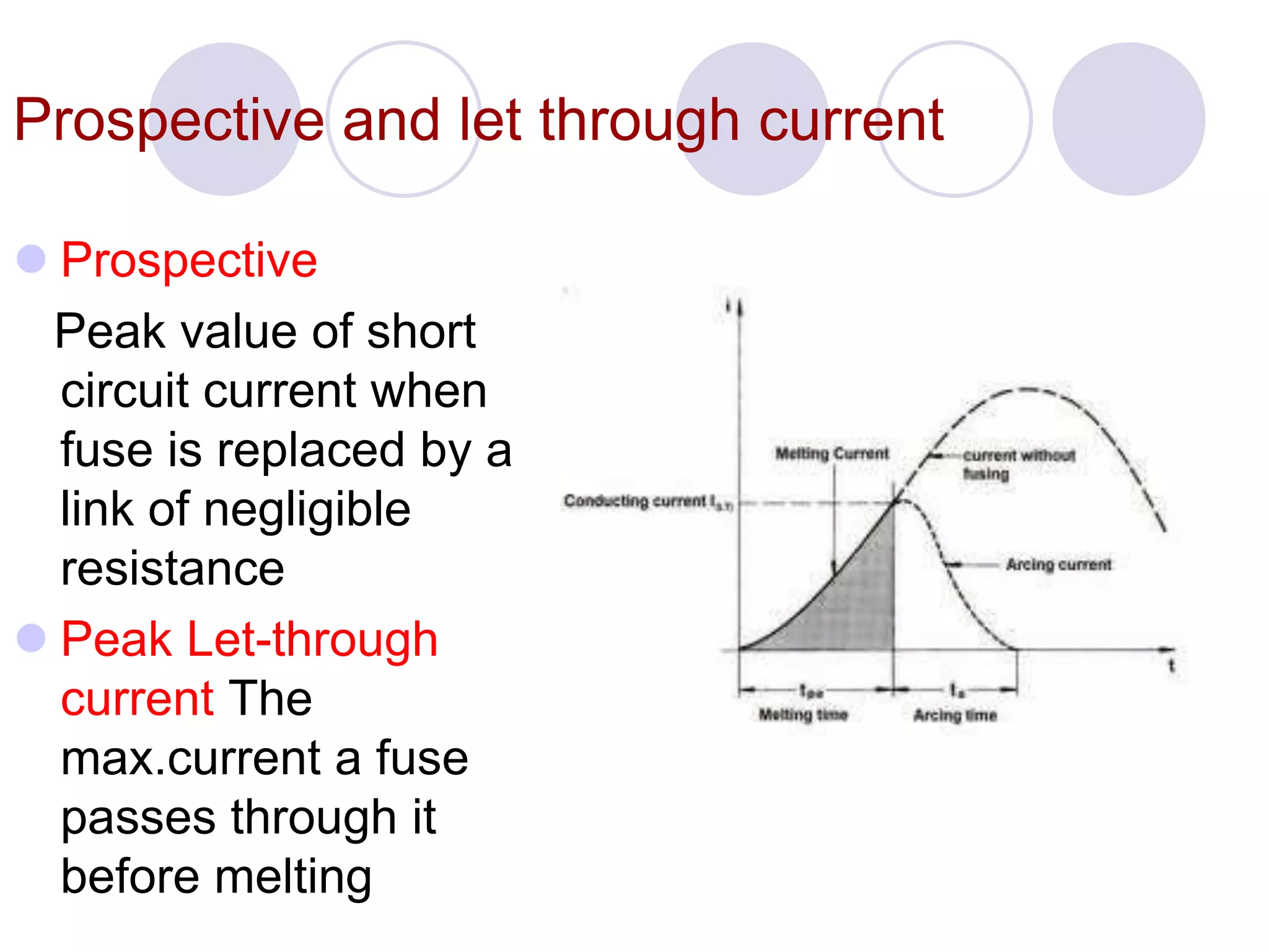 Prospective and let through current
 Prospective
Peak value of short
circuit current when
fuse is replaced by a
link of negligible
resistance
 Peak Let-through
current The
max.current a fuse
passes through it
before melting
 