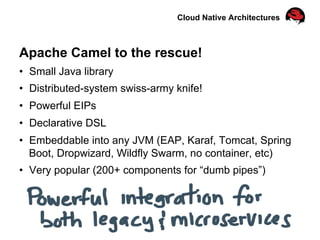 Cloud Native Architectures
Apache Camel to the rescue!
•  Small Java library
•  Distributed-system swiss-army knife!
•  Powerful EIPs
•  Declarative DSL
•  Embeddable into any JVM (EAP, Karaf, Tomcat, Spring
Boot, Dropwizard, Wildfly Swarm, no container, etc)
•  Very popular (200+ components for “dumb pipes”)
 