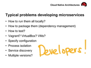 Cloud Native Architectures
Typical problems developing microservices
•  How to run them all locally?
•  How to package them (dependency management)
•  How to test?
•  Vagrant? VirtualBox? VMs?
•  Specify configuration
•  Process isolation
•  Service discovery
•  Multiple versions?
 
