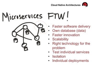 Cloud Native Architectures
•  Faster software delivery
•  Own database (data)
•  Faster innovation
•  Scalability
•  Right technology for the
problem
•  Test individual services
•  Isolation
•  Individual deployments
 
