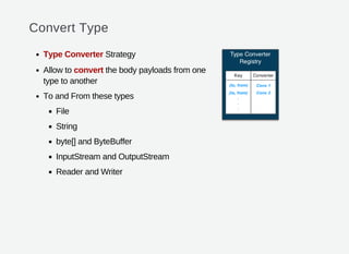 Convert Type
Type Converter Strategy
Allow to convert the body payloads from one
type to another
To and From these types
File
String
byte[] and ByteBuffer
InputStream and OutputStream
Reader and Writer
 