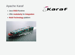 Apache Karaf
Java OSGI Runtime
Offer modularity for Integration
Multi-Technology platform
 