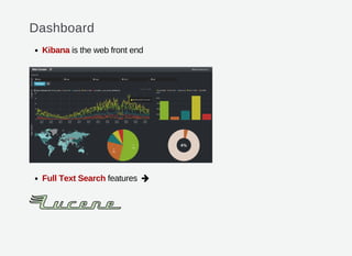 Dashboard
Kibana is the web front end
Full Text Search features    
 