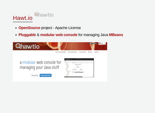 Hawt.io
OpenSource project - Apache License
Pluggable & modular web console for managing Java MBeans
 