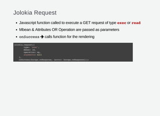 Jolokia Request
Javascript function called to execute a GET request of type execor read
Mbean & Attributes OR Operation are passed as parameters
onSuccess calls function for the rendering
jolokia.request({
type:'exec',
mbean:id,
operation:op,
arguments:null
},
onSuccess($scope.onResponse,{error:$scope.onResponse}));
 