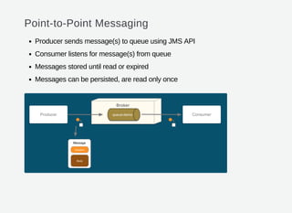 Point-to-Point Messaging
Producer sends message(s) to queue using JMS API
Consumer listens for message(s) from queue
Messages stored until read or expired
Messages can be persisted, are read only once
 