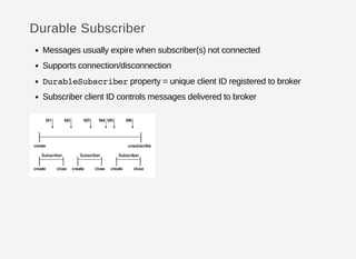 Durable Subscriber
Messages usually expire when subscriber(s) not connected
Supports connection/disconnection
DurableSubscriberproperty = unique client ID registered to broker
Subscriber client ID controls messages delivered to broker
 
