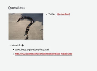 Questions
Twitter :
More info
www.jboss.org/products/fuse.html
@cmoulliard

http://www.redhat.com/en/technologies/jboss-middleware
 