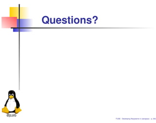 Questions?




             FUSE - Developing ﬁlesystems in userspace – p. 26/2
 