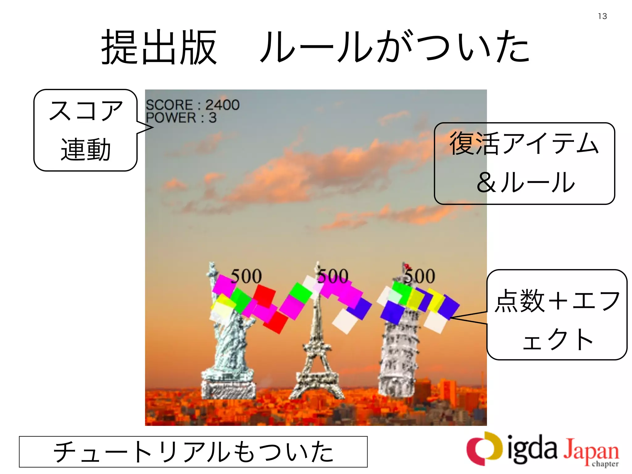 13




  提出版 ルールがついた
スコア
 連動           復活アイテム
               ＆ルール



               点数＋エフ
                ェクト



チュートリアルもついた
 
