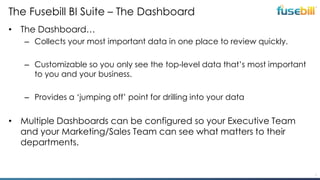 The Fusebill BI Suite – The Dashboard
• The Dashboard…
– Collects your most important data in one place to review quickly.
– Customizable so you only see the top-level data that‟s most important
to you and your business.
– Provides a „jumping off‟ point for drilling into your data

• Multiple Dashboards can be configured so your Executive Team
and your Marketing/Sales Team can see what matters to their
departments.

5

 