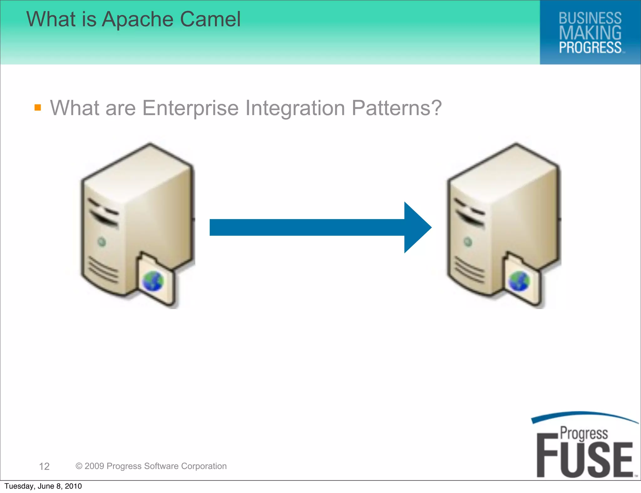 What is Apache Camel



        What are Enterprise Integration Patterns?




         12        © 2009 Progress Software Corporation

Tuesday, June 8, 2010
 