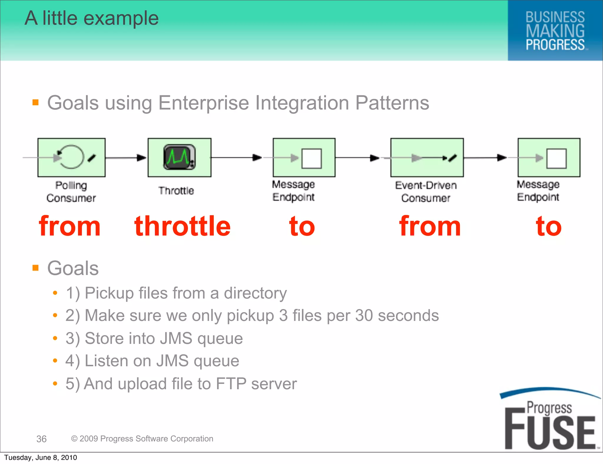 A little example



        Goals using Enterprise Integration Patterns




         from                     throttle                to   from    to
        Goals
              •   1) Pickup files from a directory
              •   2) Make sure we only pickup 3 files per 30 seconds
              •   3) Store into JMS queue
              •   4) Listen on JMS queue
              •   5) And upload file to FTP server


         36        © 2009 Progress Software Corporation

Tuesday, June 8, 2010
 