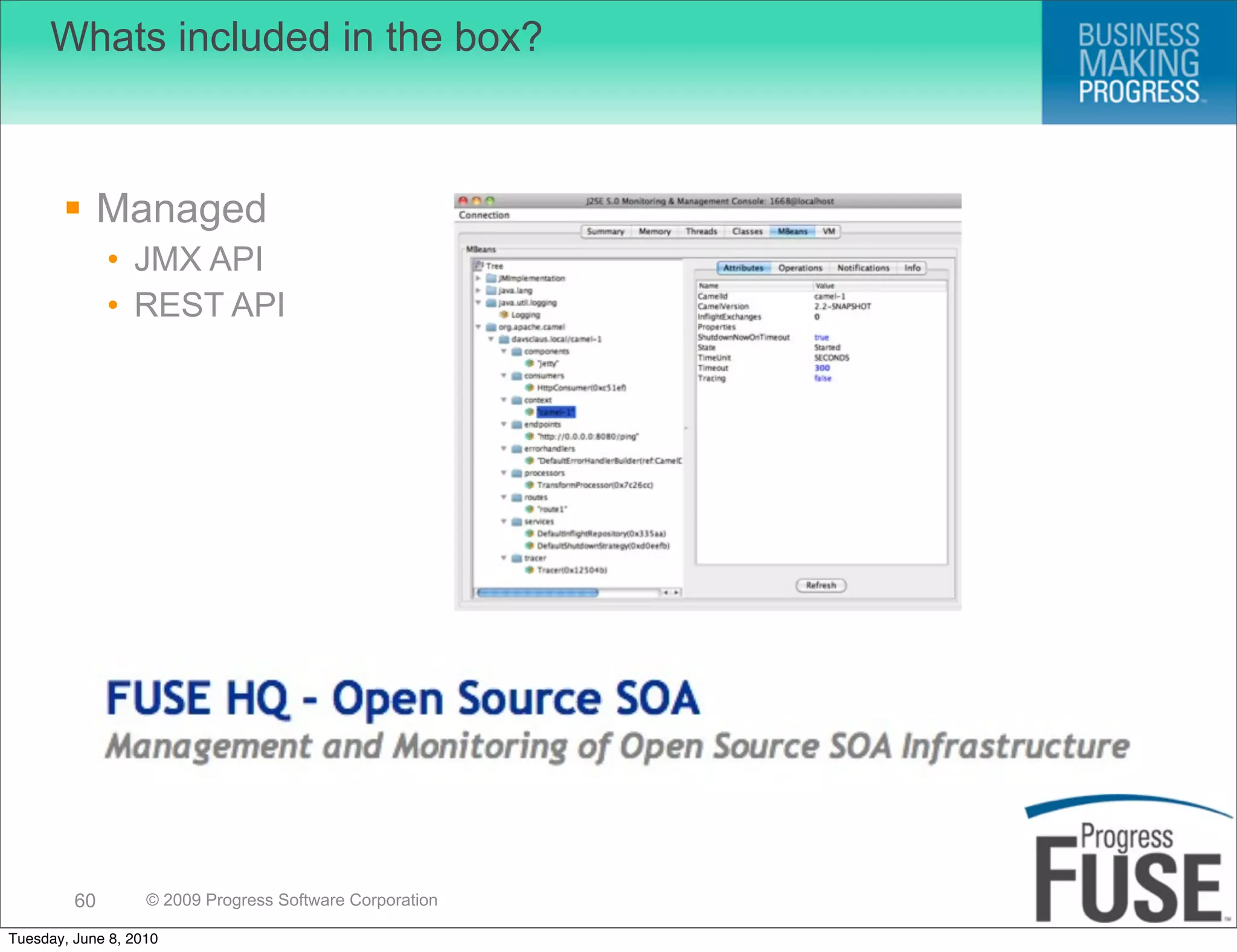 Whats included in the box?



        Managed
              • JMX API
              • REST API




         60        © 2009 Progress Software Corporation

Tuesday, June 8, 2010
 
