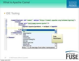 What is Apache Camel



        IDE Tooling




                                                          Code
                                                          Assistance




         27        © 2009 Progress Software Corporation

Tuesday, June 8, 2010
 