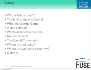 Agenda



             Who is Claus Ibsen?
             The birth of Apache Camel
             What is Apache Camel
             A little example
             Whats included in the box?
             Running Camel
             The Camel Community
             Where are we today?
             Where are we going tomorrow?
             Q and A



          9        © 2009 Progress Software Corporation

Tuesday, June 8, 2010
 