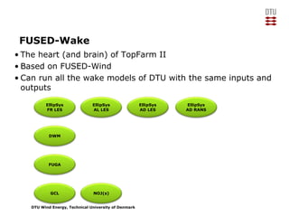 DTU Wind Energy, Technical University of Denmark
FUSED-Wake
• The heart (and brain) of TopFarm II
• Based on FUSED-Wind
• Can run all the wake models of DTU with the same inputs and
outputs
FUGA
DWM
GCL NOJ(s)
EllipSys
AD RANS
EllipSys
AD LES
EllipSys
AL LES
EllipSys
FR LES
 