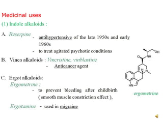 Medicinal uses
(1) Indole alkaloids :
 