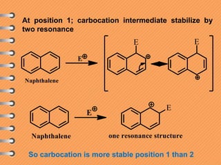 At position 1; carbocation intermediate stabilize by
two resonance
So carbocation is more stable position 1 than 2
 