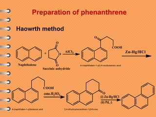 Preparation of phenanthrene
Haowrth method
4-(naphthalen-1-yl)-4-oxobutanoic acid
4-(naphthalen-1-yl)butanoic acid 3,4-dihydrophenanthren-1(2H)-one
 