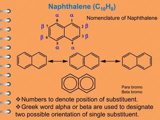 Naphthalene (C10H8)
Numbers to denote position of substituent.
Greek word alpha or beta are used to designate
two possible orientation of single substituent.
Nomenclature of Naphthalene
Para bromo
Beta bromo
 