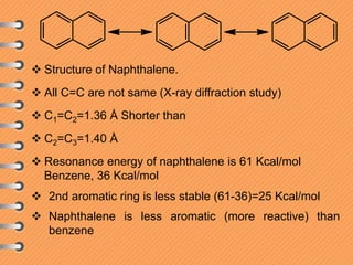  Structure of Naphthalene.
 All C=C are not same (X-ray diffraction study)
 C1=C2=1.36 Å Shorter than
 C2=C3=1.40 Å
 Resonance energy of naphthalene is 61 Kcal/mol
Benzene, 36 Kcal/mol
 2nd aromatic ring is less stable (61-36)=25 Kcal/mol
 Naphthalene is less aromatic (more reactive) than
benzene
 