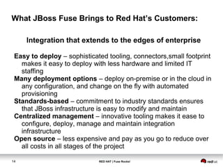 What JBoss Fuse Brings to Red Hat’s Customers: 
Integration that extends to the edges of enterprise 
Easy to deploy – sophisticated tooling, connectors,small footprint 
makes it easy to deploy with less hardware and limited IT 
staffing 
Many deployment options – deploy on-premise or in the cloud in 
any configuration, and change on the fly with automated 
provisioning 
Standards-based – commitment to industry standards ensures 
that JBoss infrastructure is easy to modify and maintain 
Centralized management – innovative tooling makes it ease to 
configure, deploy, manage and maintain integration 
infrastructure 
Open source – less expensive and pay as you go to reduce over 
all costs in all stages of the project 
14 RED HAT | Fuse Rocks! 
 