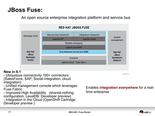 JBoss Fuse: 
An open source enterprise integration platform and service bus 
Enables integration everywhere for a real-time 
17 RED HAT | Fuse Rocks! 
enterprise 
New in 6.1 
- Ubiquitous connectivity 150+ connectors 
(SalesForce, SAP, Social integration, cloud 
integration) 
- Unified management console which leverages 
Fuse Fabric 
- Improved High Availability (shared-nothing 
configuration, LevelDB: Developer preview) 
- Integration in the Cloud (OpenShift Cartridge: 
Developer preview ) 
 