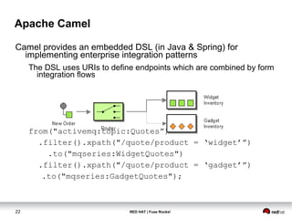 Apache Camel 
Camel provides an embedded DSL (in Java & Spring) for 
implementing enterprise integration patterns 
The DSL uses URIs to define endpoints which are combined by form 
integration flows 
from("activemq:topic:Quotes”) 
.filter().xpath("/quote/product = ‘widget’”) 
.to("mqseries:WidgetQuotes") 
.filter().xpath("/quote/product = ‘gadget’”) 
.to("mqseries:GadgetQuotes"); 
22 RED HAT | Fuse Rocks! 
 
