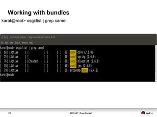 Working with bundles 
karaf@root> osgi:list | grep camel 
35 RED HAT | Fuse Rocks! 
 