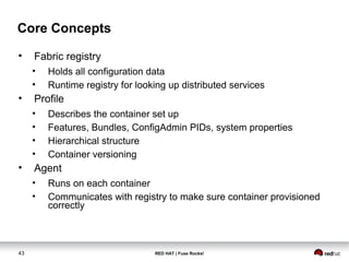 Core Concepts 
• Fabric registry 
• Holds all configuration data 
• Runtime registry for looking up distributed services 
• Profile 
• Describes the container set up 
• Features, Bundles, ConfigAdmin PIDs, system properties 
• Hierarchical structure 
• Container versioning 
• Agent 
• Runs on each container 
• Communicates with registry to make sure container provisioned 
correctly 
43 RED HAT | Fuse Rocks! 
 