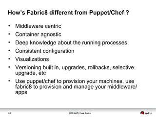 How’s Fabric8 different from Puppet/Chef ? 
• Middleware centric 
• Container agnostic 
• Deep knowledge about the running processes 
• Consistent configuration 
• Visualizations 
• Versioning built in, upgrades, rollbacks, selective 
upgrade, etc 
• Use puppet/chef to provision your machines, use 
fabric8 to provision and manage your middleware/ 
apps 
44 RED HAT | Fuse Rocks! 
 