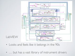LabVIEW
• Looks and feels like it belongs in the 90s
• … but has a vast library of instrument drivers
 