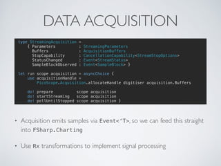 DATA ACQUISITION
type StreamingAcquisition =
{ Parameters : StreamingParameters
Buffers : AcquisitionBuffers
StopCapability : CancellationCapability<StreamStopOptions>
StatusChanged : Event<StreamStatus>
SampleBlockObserved : Event<SampleBlock> }
let run scope acquisition = asyncChoice {
use acquisitionHandle =
PicoScope.Acquisition.allocateHandle digitiser acquisition.Buffers
do! prepare scope acquisition
do! startStreaming scope acquisition
do! pollUntilStopped scope acquisition }
• Acquisition emits samples via Event<‘T>, so we can feed this straight
into FSharp.Charting
• Use Rx transformations to implement signal processing
 