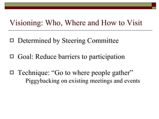 Visioning: Who, Where and How to Visit Determined by Steering Committee Goal: Reduce barriers to participation Technique: “Go to where people gather” Piggybacking on existing meetings and events 