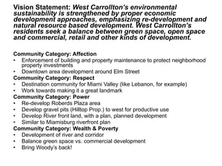 Vision Statement:  West Carrollton’s environmental sustainability is strengthened by proper economic development approaches, emphasizing re-development and natural resource based development. West Carrollton’s residents seek a balance between green space, open space and commercial, retail and other kinds of development. Community Category: Affection  Enforcement of building and property maintenance to protect neighborhood property investments Downtown area development around Elm Street Community Category: Respect Destination community for Miami Valley (like Lebanon, for example) Work towards making it a great landmark Community Category: Power Re-develop Roberds Plaza area Develop gravel pits (Hilltop Prop.) to west for productive use Develop River front land, with a plan, planned development Similar to Miamisburg riverfront plan Community Category: Wealth & Poverty Development of river and corridor Balance green space vs. commercial development Bring Woody’s back! 