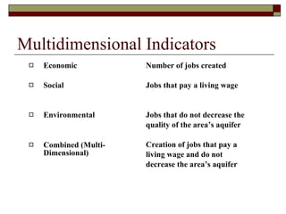 Multidimensional Indicators Economic Social Environmental Combined (Multi-Dimensional) Number of jobs created Jobs that pay a living wage Jobs that do not decrease the quality of the area’s aquifer Creation of jobs that pay a living wage and do not decrease the area’s aquifer 