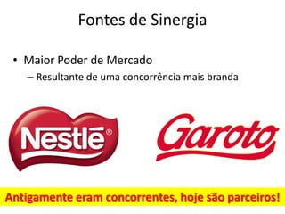 Fontes de Sinergia

 • Maior Poder de Mercado
    – Resultante de uma concorrência mais branda




Antigamente eram concorrentes, hoje são parceiros!
 