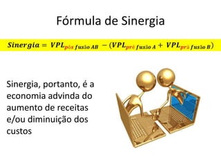 Fórmula de Sinergia



Sinergia, portanto, é a
economia advinda do
aumento de receitas
e/ou diminuição dos
custos
 