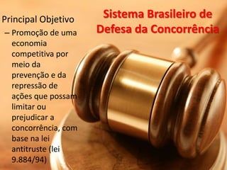 Principal Objetivo     Sistema Brasileiro de
– Promoção de uma     Defesa da Concorrência
  economia
  competitiva por
  meio da
  prevenção e da
  repressão de
  ações que possam
  limitar ou
  prejudicar a
  concorrência, com
  base na lei
  antitruste (lei
  9.884/94)
 